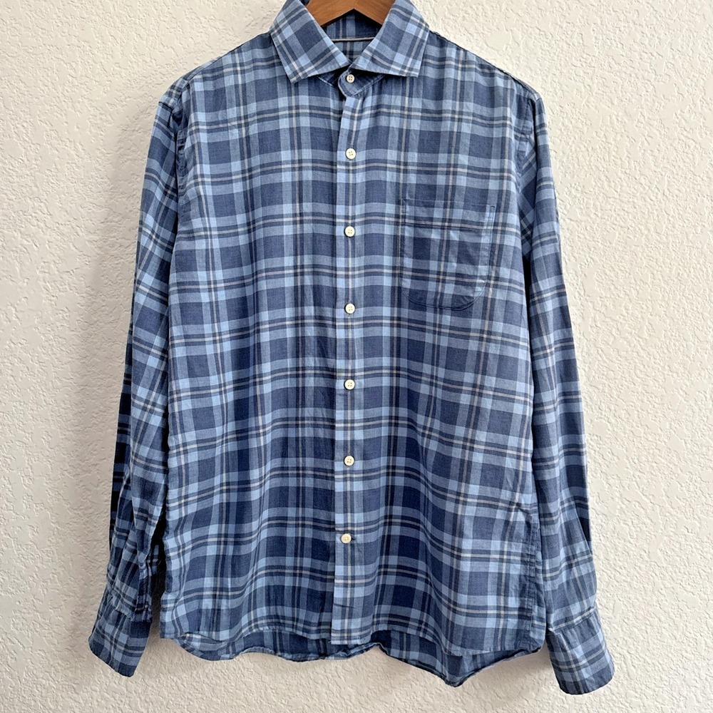 Peter Millar Autumn Soft Ledson Plaid Sport Shirt Blue Men Size M